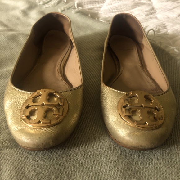 Tory Burch Metallic Gold Leather Ballet Flats With Gold Logo Size 7. - Picture 7 of 9